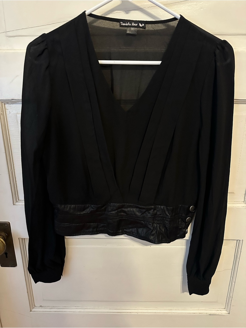 Double Zero Black V-Neck Long Sleeve Sheer Blouse Faux Leather Waistband Button